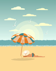 Seascape, young woman in a bikini under an umbrella on the sea beach. Summer illustration, vector © Tatiana