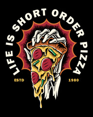 skeleton hand holding pizza