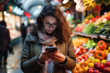 Woman multitasking: Shopping in the market while using her mobile phone generative ai - obrazy, fototapety, plakaty