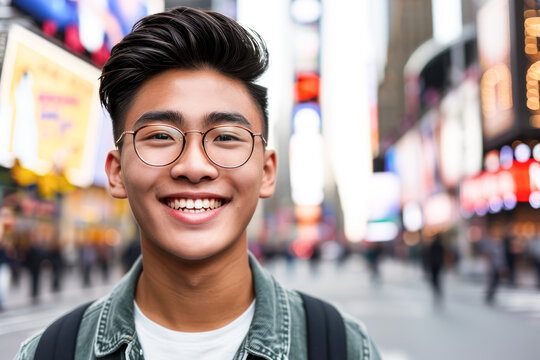 Happy Young Asian Man Traveling In New York City, Wearing Glasses