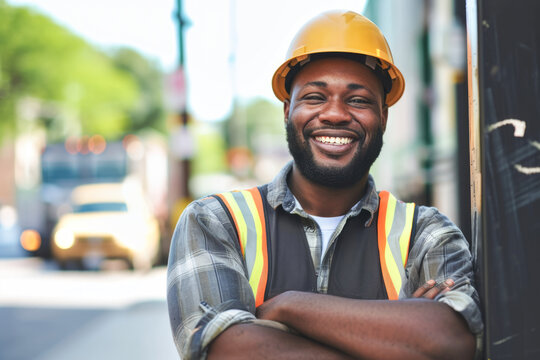 Portrait of happy african american worker with arms crossed at construction site