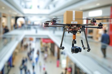 Warehouse automation drone delivery shopping centers and malls. Drones package tracking aircraft logistic air mobility in context of Advanced Air Mobility (AAM). Air vehicles trade online shopping.