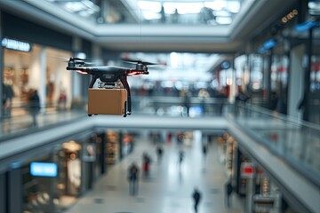 Warehouse automation drone delivery shopping centers and malls. Drones package tracking aircraft logistic air mobility in context of Advanced Air Mobility (AAM). Air vehicles trade online shopping.