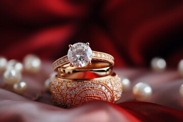 Wedding ring on a red background. Wedding ring with a diamond.