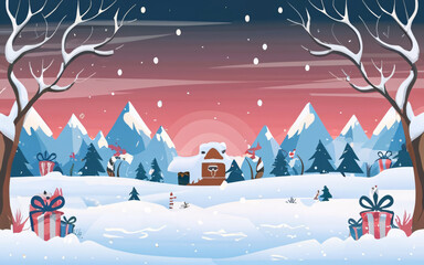 Whimsical Winter Wonderland Landscape Background, poster, banner. Festive Holiday Season Promotion Design. 