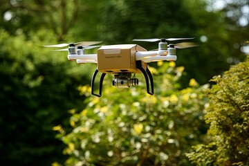 Warehouse automation drone delivery aircraft logistics. Package tracking delivery transparency. Sustainable logistics green tech drone garden of smart homes, drone home delivery packaging solutions.