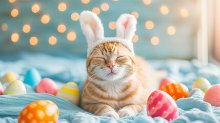 Portrait photo of a cute orange cat wearing a bunny ears headband. Surrounding by Easter eggs and Easter Decoration.
