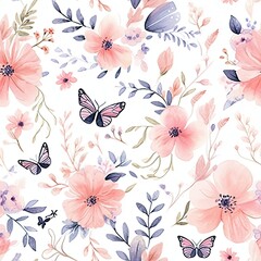 Pink Flowers and Butterflies on White Background - Seamless Pattern - obrazy, fototapety, plakaty