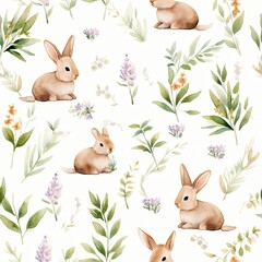 Watercolor Painting of Rabbits and Flowers