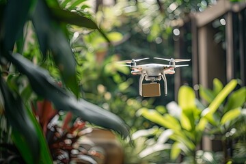 Warehouse automation drone delivery aircraft logistics. Package tracking delivery transparency. Sustainable logistics green tech drone garden of smart homes, drone home delivery packaging solutions.
