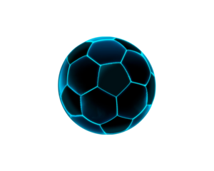 Soccer ball or football with futuristic blue glowing neon lights, transparent background