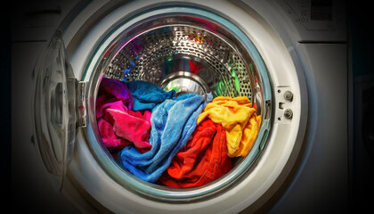 Closeup of a washing machine full of multicolored clothes, laundry before washing, concept. Generative Ai.
