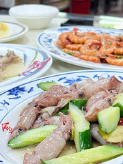 rice, beef, meat, dumpling, beer, snack and vegetables of Chinese food in diner