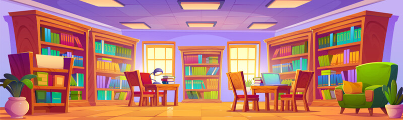 School public library or bookshop interior with wooden cabinet with paper book rows on shelves, desk with stack of literature and lamp, chairs and armchair, flower in pot. Cartoon vector illustration. - obrazy, fototapety, plakaty