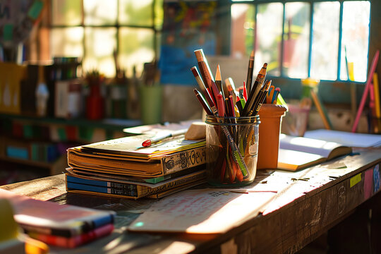Teacher's desk or workspace with ducational materials, books, papers, and teaching tools used in lesson planning.