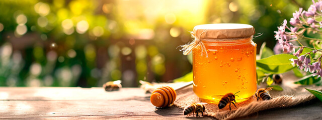 honey in a jar in the garden. Selective focus.