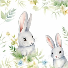 Watercolor Painting of Two Rabbits and Flowers