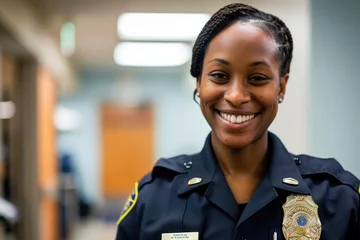 Poster Portrait of smiling african american female police officer in hospital corridor © PixelGallery