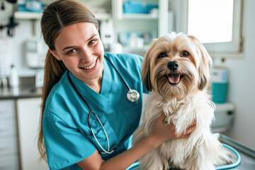 Smiling female veterinarian holding cute dog in vet clinic. Focus on dog
