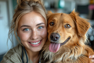 Portrait of smiling veterinarian and golden retriever dog in vet clinic