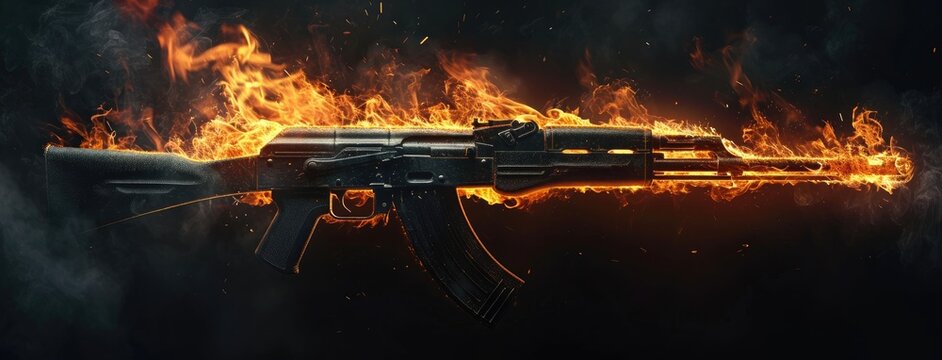 The dramatic scene of a formidable firearm discharging, with flames shooting out from its barrel.