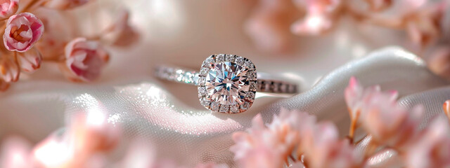 Stunning cushion cut diamond engagement ring. Selective focus.