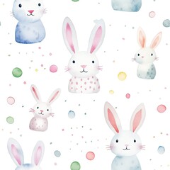 Watercolor Rabbit and Polka Dot Seamless Pattern