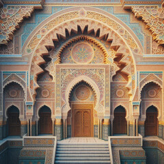 Moroccan riad decorated with an arabesque style geometric mosaic, generative ai