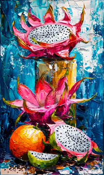 Pitaya, dragon fruit, watercolor painting on canvas.