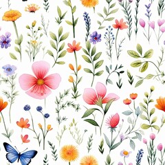 Seamless Pattern of Flowers and Butterflies on White Background