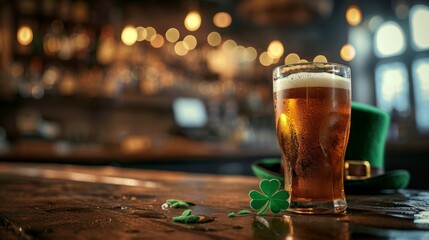 St. Patrick's Day Celebration: Leprechaun Hat and Traditional Beer on Festive Table - obrazy, fototapety, plakaty