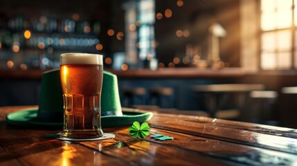 Fototapeta na wymiar St. Patrick's Day Beer and Green Hat on Bar