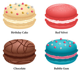 Macarons Flavors Set with Birthday Cake, Red Velvet, Chocolate and Bubble Gum 