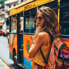 Young beautiful woman in sunglasses and a backpack on the background of a bus