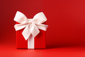 Red monochrome background with a heart-shaped white gift box