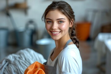 Portrait of a smiling girl from a cleaning company while cleaning the room