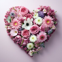 bouquet of flowers in pink heart shape on pink background, generative ai