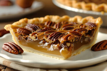 A scrumptious pecan pie, richly filled with caramelized pecans and a luscious syrupy base - obrazy, fototapety, plakaty