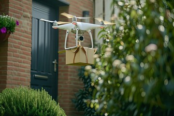 Garden of green tech, drone delivery smart home. Urban air transportation, rotor technology eVTOL packages and parcels delivered. Aerial home delivery logistic of modern transportation technology.