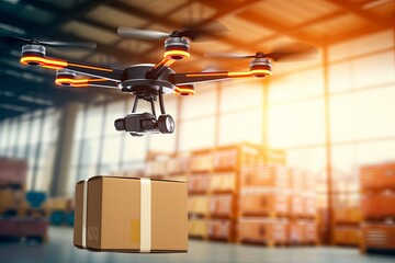 Same day delivery autonomous flight package drone UAS or UAVs. Data analytic tracking, electronic inventory tracking, efficient fulfillment. Innovations in packaging increase delivery experience. - obrazy, fototapety, plakaty