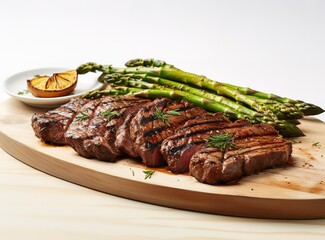 Roast beef on the plate combined with asparagus and rosemary leaves on the side. generative AI