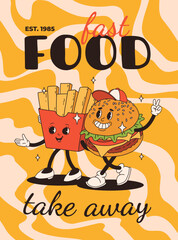 Cartoon fast food poster. Retro groovy cards with mascot food characters. Brochure design with quote text for cafe. Banner with funky groovy burger, french fries, soda, ice cream. Fast food delivery