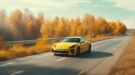 Yellow sports car rides an empty highway