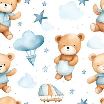 Seamless Pattern of Flying Teddy Bears in the Sky