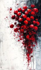 Abstract grunge background with black and red paint splashes on canvas.