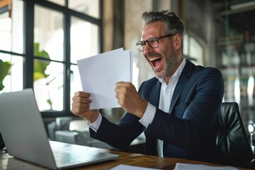 Happy mature older business man ceo wearing suit celebrating success at work in office holding papers looking at laptop rejoicing company growth, goals achievement good results screaming,Generative AI