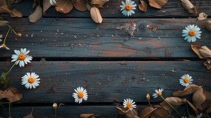 wood plank scene surrounded by daisies