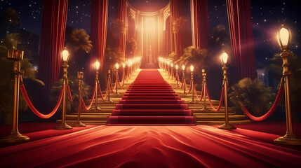 Red carpet staircase with smoke and spotlights, holiday awards ceremony event