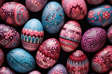 Fototapeta na wymiar Easter eggs background. Each egg is uniquely decorated with different patterns and colors