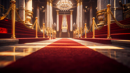 Fototapeta premium Red carpet staircase with smoke and spotlights, holiday awards ceremony event